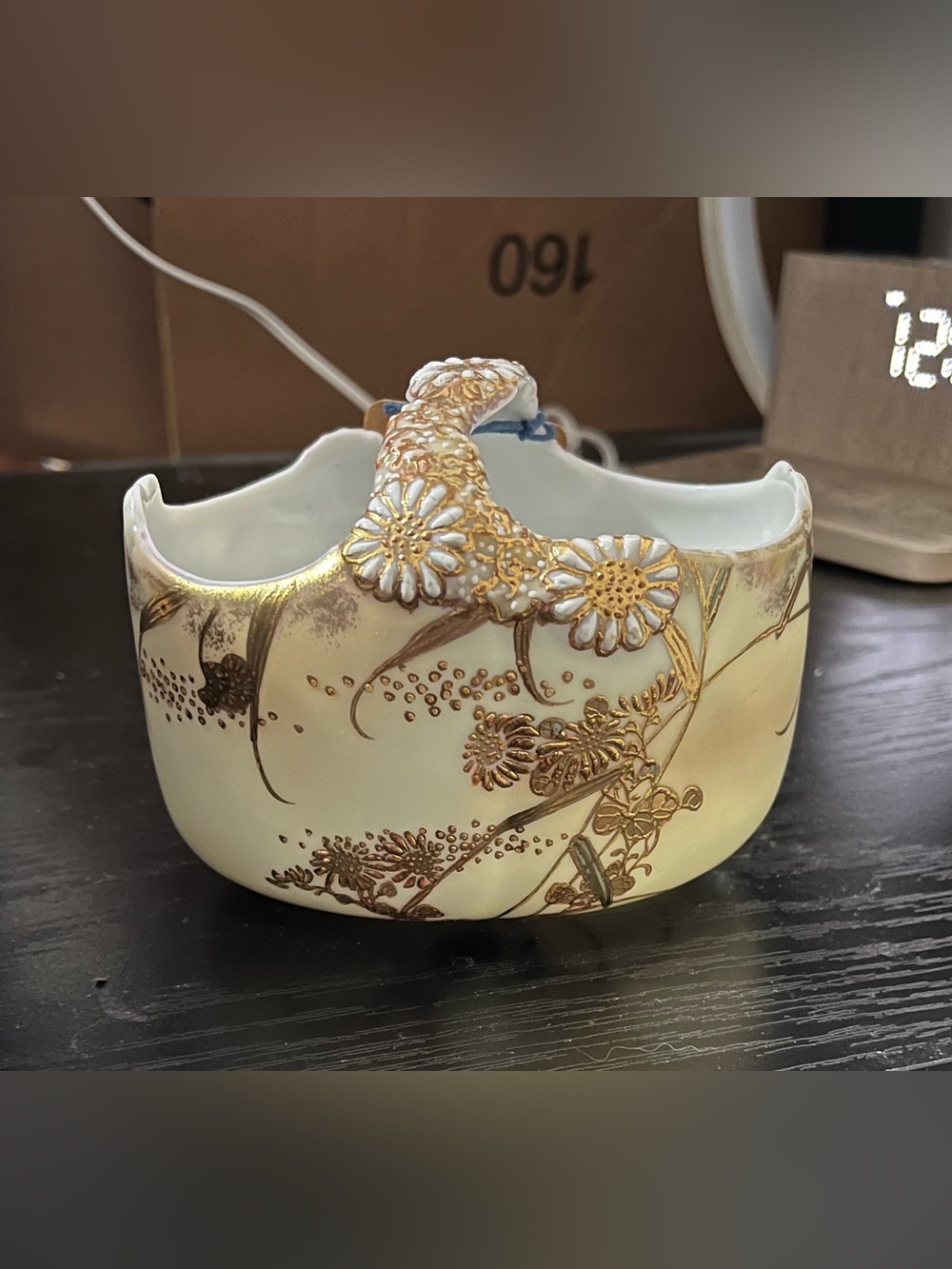 Decorative White and Gold Floral Ceramic Basket - Japanese Porcelain